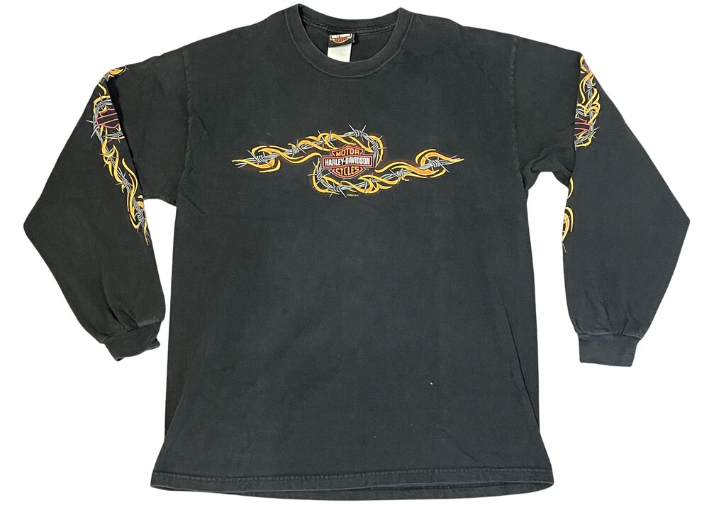 Vintage Harley-Davidson Shirt Mens Large Long Sleeve Barbed Wire Flames Macon GA